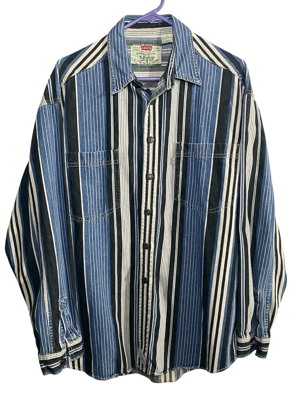 Vintage Levi's Long Sleeve Western Denim Button Up Shirt Men Large Stripe Cotton